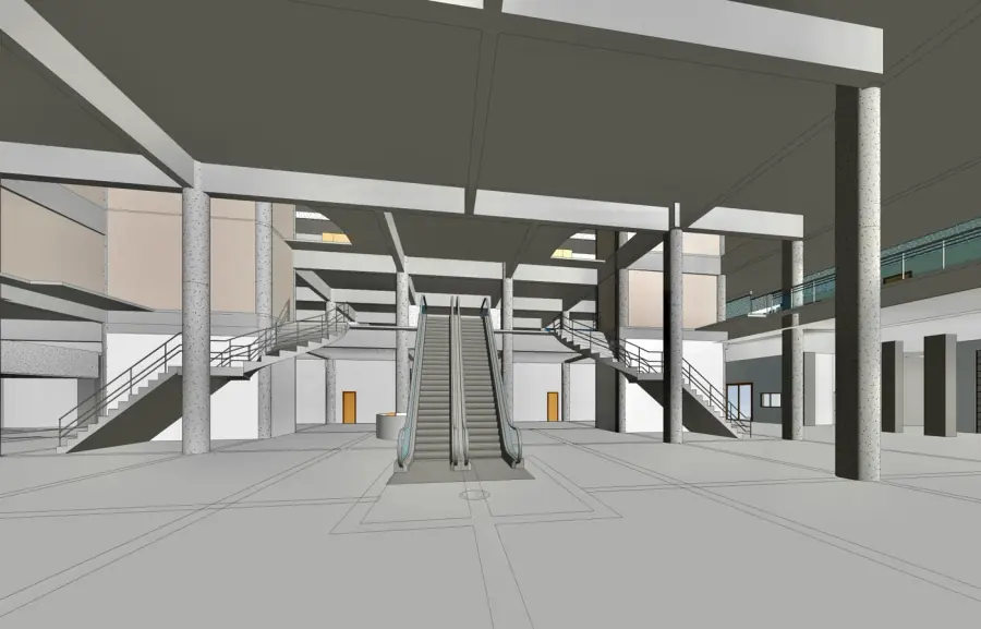 Render BIM do átrio interno de um terminal, com escadas rolantes