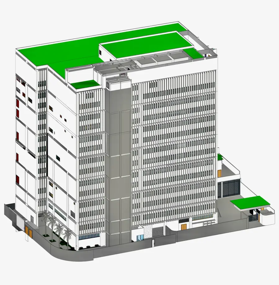 Modelo BIM de edifício com destaque de área de cobertura